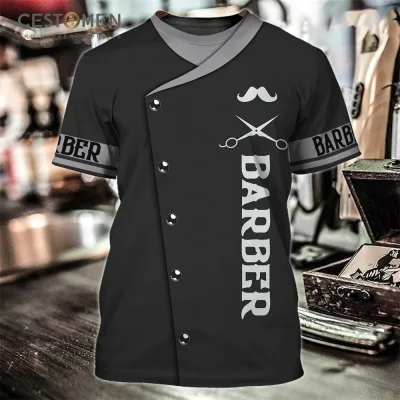 CESTOMEN Fashion T-shirt for Mens Barber Shop Shirt 3D Print Custom Short Sleeve Tops Barber Work Clothes Oversized T Shirt Men