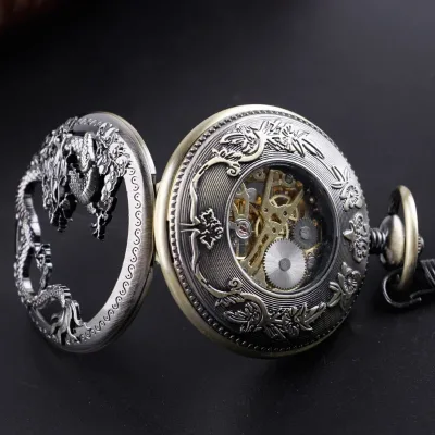 Vintage Men Mechanical Pocket Watch Manual Winding Skeleton Dragon Necklace Pendant Clock Roman Numerals White Dial Pocket Watch