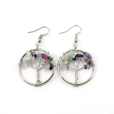Natural Crystal Handmade 3cm Eco Friendly Retro Round Gravel Pendant Earring Stone Crystal Tree of Life Earrings