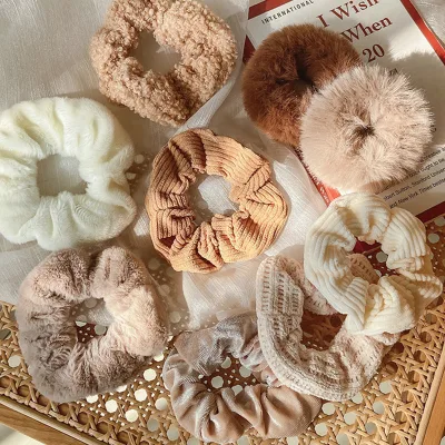 Wholesale Customized Handmade Premium Fluffy Plush Warm Coffee Tones Autumn Winter Scrunchies Ponytail Holders