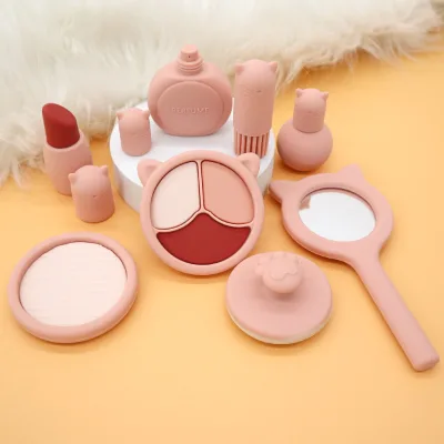 BPA Free Eco-Friendly Washable Pretend Play Cosmetic Mirror Nail Lipstick Baby Silicone Girls Makeup Set Beauty Toy Kid Products
