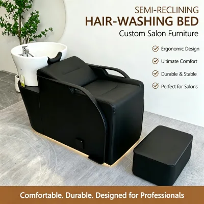 Semi Reclining Shampoo Chair Bowl Ceramic Shampoo Basin Stainless Steel Frame Suitable Barber Shops Beauty Salon Men Furniture