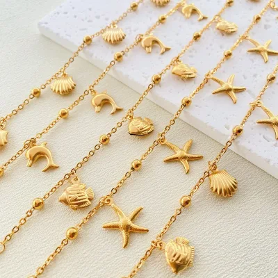 Wholesale Stainless Steel Boho Beach Anklet Hypoallergenic 18k Gold Plated Dolphin Starfish & Shell Charms Anklet for Women