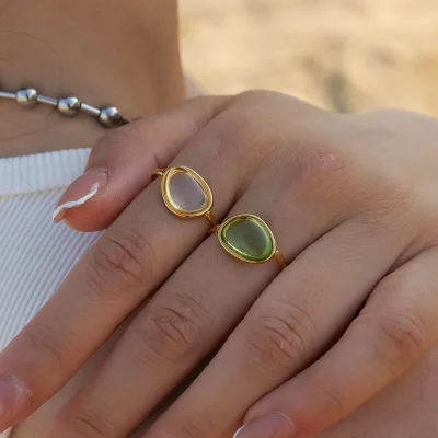 Women's Trendy 18K Gold-Plated Stainless Steel Ring with Simple Jelly-like Design in Fashionable White Green Color