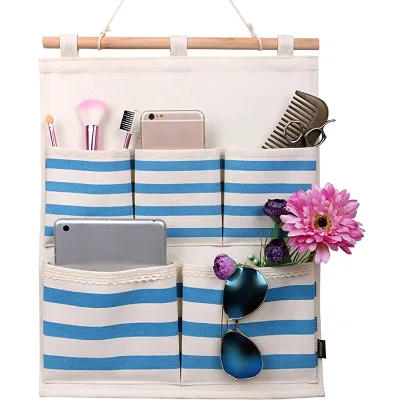 Over Door Hanging Storage 6 Pockets, Foldable Hanging Storage Organizer With 2 Hooks, White Stripe Pattern Hanging Shelves Close