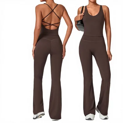 Women's Tank Top Flare Pants 2-Piece Set Solid Yoga Fitness Breathable Crisscross Straps High Waist Tight Quick-drying Sports