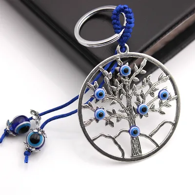 Metal Car  Hand Pendant Keychain Blue Evil Eye Keychain with Tree Life Design Decorative Rope Format Keyring