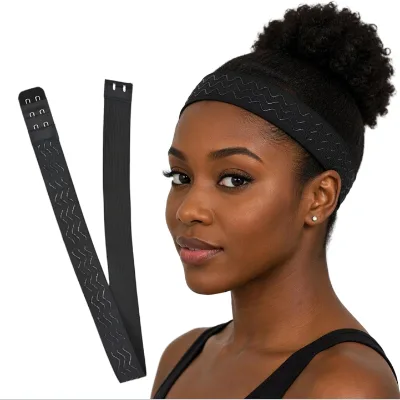 Adjustable Black Elastic Wig Band for Edges 3cm Width Non-Slip Wavy Polyester Fiber with Removable Hooks for Lace Wigs Home Use