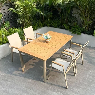OEM ODM Wholesale Modern Outdoor Patio Dining Set Aluminum Frame Plastic Wood Table Textilene Armchair Garden Chair