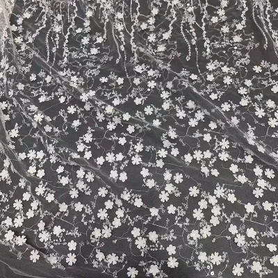 Dhorse White Sequin and Beaded Lace Mesh 3d Flowers Lace for Bridal Wedding Dress