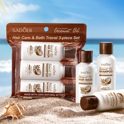 SADOER Private Label Travel Hair Care Set 3 Piece Coconut Oil Hair Shampoo Shower Gel Hair for Skin Care
