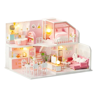 IIECREATE 3D Pink Duplex Apartment Miniature Doll House Crafts Home Decor DIY 1:24 Scale Eco-friendly Hand-made with LED Light