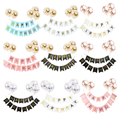 Hot Selling Happy Birthday Banner with Latex Balloon Birthday Party Wall Decoration Gold Stamping Hanging Paper Birthday Banners