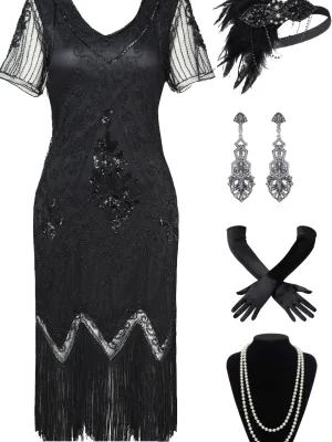 Women's Flapper Dresses 1920s Fringed Sequin Great Gatsby Dress with Accessories -Roaring 20s Sexy V-neck Fancy Dress