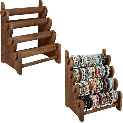 Ikee Design 2-Piece Antique Oak Wood 4-Tier Jewelry Display Stand Removable Shelves for Bracelets Bangles Scrunchies-Home/Retail