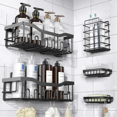 Bathroom Iron Storage Rack 2-Tier Baked Enamel Finish Wall-Mounted Toiletries Toothbrush Holder No Drilling American Style