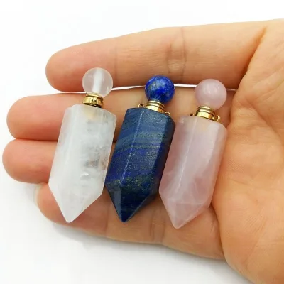 Wholesale Bulk Vintage Natural Healing Hexagonal Point Stone Multi Colors Quartz Crystal Perfume Bottle Charm Double Loop Vial