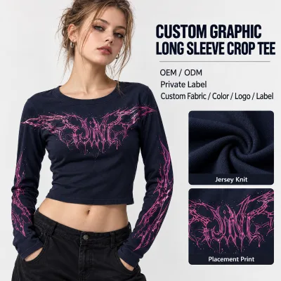 Private Label Tee Ladies Jersey Knit Cropped Crewneck Long Sleeve Placement Print Fitted Casual T Shirt