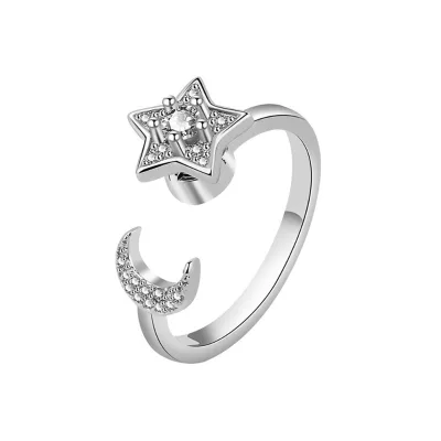 Star and Moon Shining Rotating Ring Female Open Star and Moon Zircon Ring Decompression Ring Female