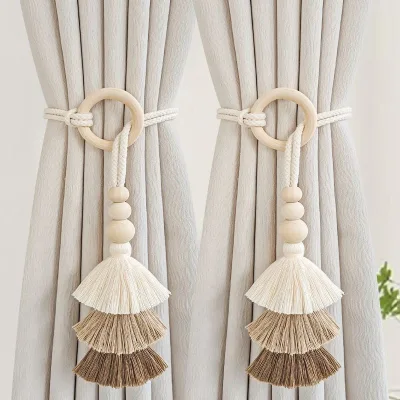 Eco-friendly Home Decor Wooden Woven Simple Cotton Linen Modern Minimalist 60cm Curtain Tiebacks with Tassels and Storage