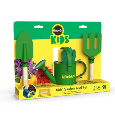 Red Toolbox Miracle-GRO 4-Piece Iron Hand Garden Toolset for Kids Age 3+ with Wood Handles Trowel Fork Gloves & Watering Can