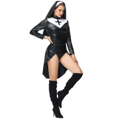 Sexy Nun Costume Carnival PU Leather Women Adult Halloween Cosplay Women Zombies Bloody Nun Costumes