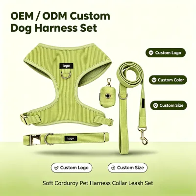 OEM ODM Custom Logo Soft Corduroy Dog Harness Set Adjustable Pet Collar Leash No Pull Dog Harness for Small Medium Large Dogs
