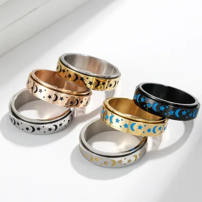 Luminous Anxiety Spinner Rings Moon Star Titanium Steel Sensory Fidget Rings Finger Men Stainless Steel Rotary Rings for Anxiety