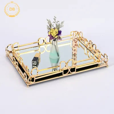 Dibei Fast Delivery Multifunctional Rectangle Round Plating Silver Gold Mirror Metal Serving Tray