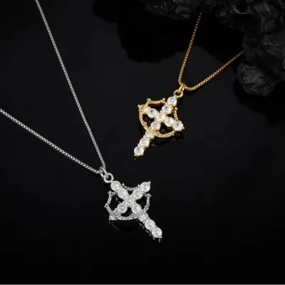 European and American S925 Sterling Silver Necklace with Moissanite Cross Crown Fashion Accessories