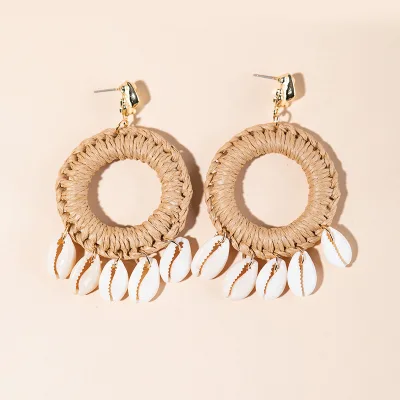 Beach Shell Rattan Handmade Woven Straw Design  Beach Island Earrings for Women Vacation