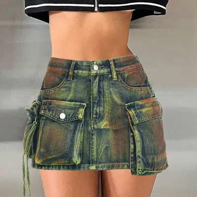 High Quality Summer Trendy Y2K Jean Skirt for Women Irregular Pockets Denim Skirts