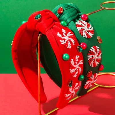 New Solid-color Rice Bead Embroidery Pearl Windmill Knot Headband Beautiful Christmas Holiday Hair Accessory