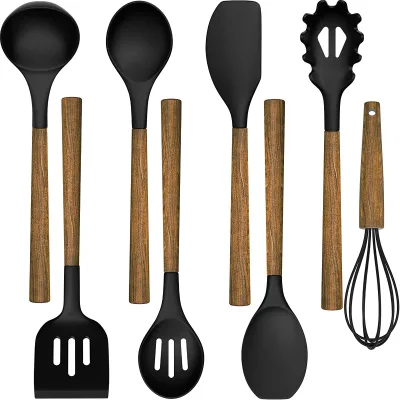 8-Piece Silicone Cooking Kitchen Utensils Set with Natural Acacia Wooden Handles Silicone Heads-Silicone Kitchen Gadgets Set