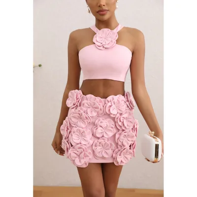 New Summer Women's Pink Sexy 3D Flower Decoration Tight 2-piece Set Party Celebrity Fashion Set