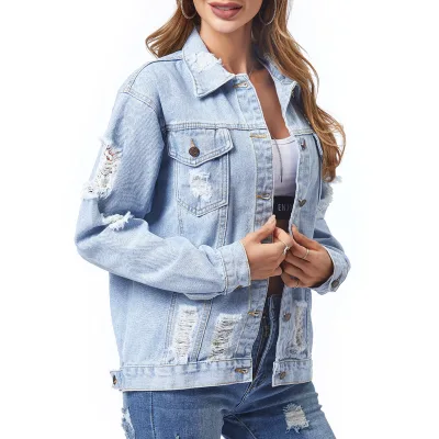 CC-  C011 New Products Jackets Long Sleeve Cardigan Ripped Windbreaker for Ladies Denim Jacket