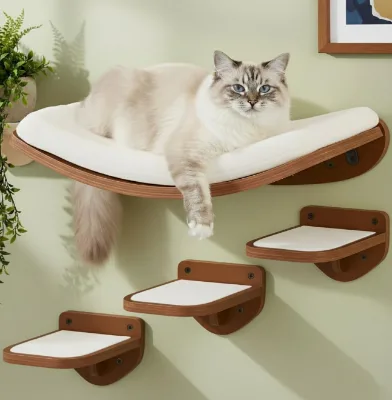 Hot Selling Modern Wooden Cat Wall Shelves Natural Floating Cat Furniture with Bed & Steps
