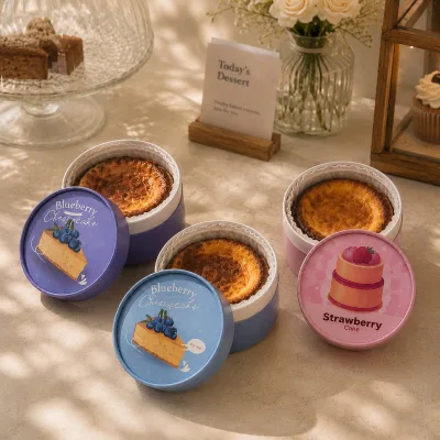 Premium Colorful Printed Round Paper Tubes Macaron Style Bakery Gift Box Packaging Wholesale for Blueberry Cheesecake