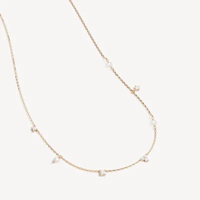 Dainty Pearl & Diamond Station Chain Necklace 925 Sterling Silver Station Necklace with Freshwater Pearls & Diamond for Woman