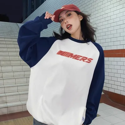 Bulk OEM French Terry Raglan Sleeves Crewneck Sweatshirts Plus Size Women's Colorblock Boxy Hoodie