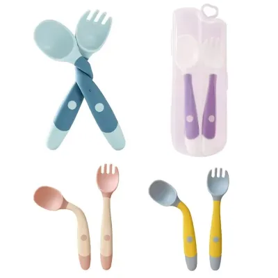Custom Made Baby Silicone Tableware Spoon Factory Direct Sales Bendable Spoon and Fork Baby Pink CARTOON Blue Stone