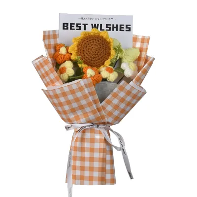 Cross-Border Hand-Woven Artificial Sunflower Bouquet Knitted Flower Finish Christmas Mother's Day Gift Textile & Fabric Craft