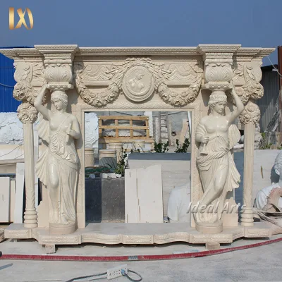 Factory Outlet High Quality Custom Hand Carved Marble Stone Fireplace with Woman Statues