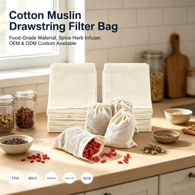 Cotton Muslin Drawstring Filter Bag Food Grade Spice Herb Infuser Bag Reusable Tea Soup Pouch OEM ODM Custom Logo