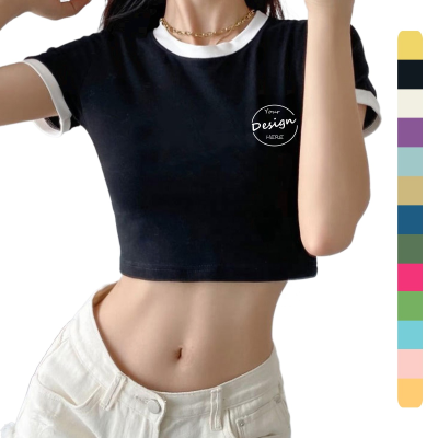 Hot Sales Ladies Custom Durable Crop Top Fitted Terry Cotton Cuff Patchwork Breathable Eco-Friendly Color Blocked Short Sleeve
