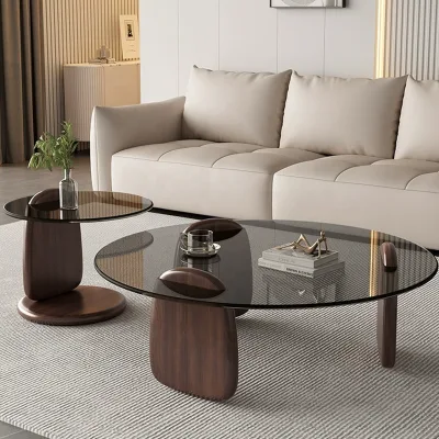 Cheap Round Coffee Table Set of 2 Glass Top Wood Modern Small Black Nordic Round Coffee Table