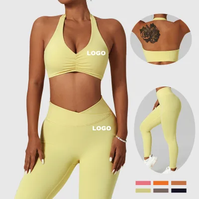JY 2023 New Ropa Deportiva Vetements De Sport Femme Sports Halter V-neck Bra High Waist V-cut Leggings Pants 2 Pcs Yoga Sets Fit