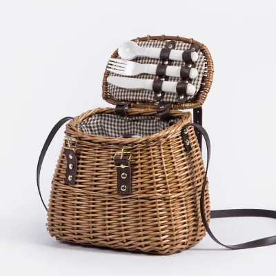 Mini Small Willow Wicker Rattan Cane Picnic Basket with Long Handle