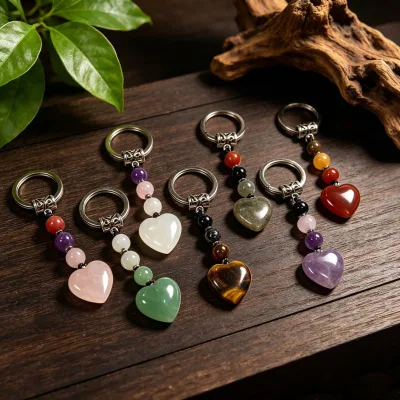 Bestseller Natural Rose Quartz Heart Pendant Keychain Stainless Steel Charm-versatile Design Ready Stock Wholesale