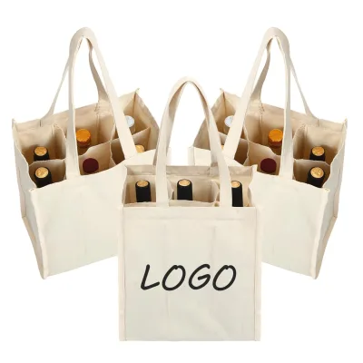 6 Bottles Wine Canvas Gift Bag Heavy Weight Blank Cotton Grocery Bag Reusable Wine Canvas Bag With Divider